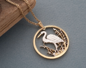 Heron Pendant and Necklace, Russian Wildlife series Bird Coin Hand Cut, 14 Karat Gold and Rhodium Plated, 1 1/4" in Diameter, ( # 494 )