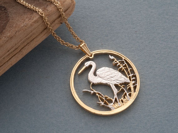 Heron Pendant and Necklace Russian Wildlife Series Bird Coin Hand