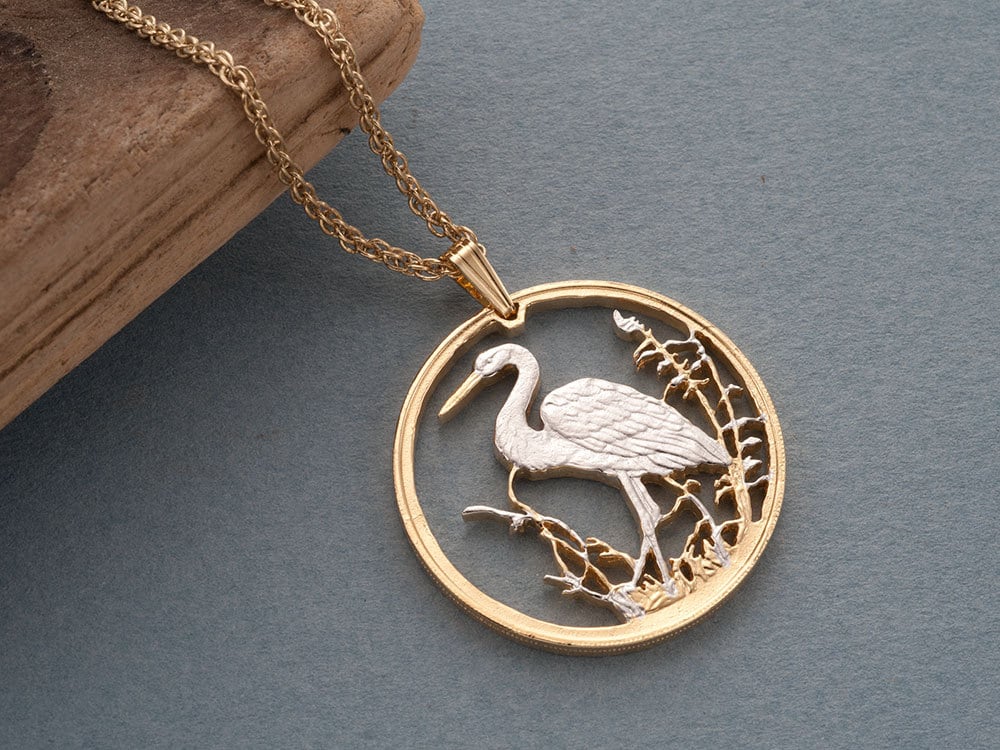 Heron Pendant and Necklace Russian Wildlife Series Bird Coin Hand