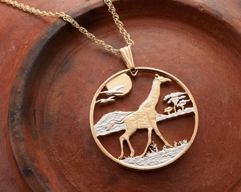 Giraffe Pendant, Sierra Leone Hand cut Coin, 1 1/4" in Diameter, ( #R 920 )