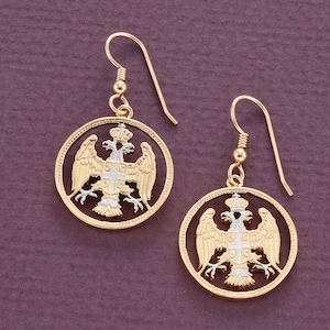Serbian Eagle Coin Earrings, Serbian 20 Para Coin Hand Cut, 14 Karat Gold and Rhodium plated,14 K G/F Wires, 7&#39;8&quot; in Diameter, ( # 305E )