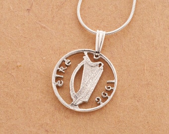 Sterling Silver Irish Harp Coin Pendant Necklace: Hand Cut Three Pence