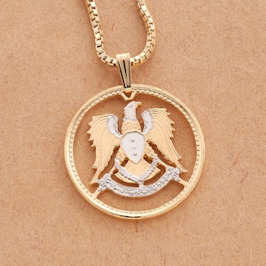 Syrian Eagle Coin Pendant: 14 Karat Gold & Rhodium Plated Necklace