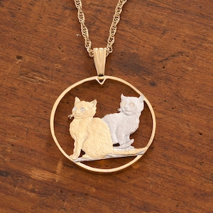 Hand Cut Balinese Cats Coin Pendant: Isle Of Man, 14K Gold Plated