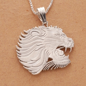 Sterling Zilveren Leeuw Hanger en Ketting, Hand Gesneden Ethiopische Leeuw Munt, Afrikaanse Wild leven Sieraden, 1 1/8 " in Diameter, ( #X 459S )