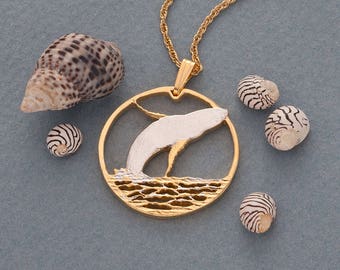 Ciondolo a forma di megattera, moneta delle Bermuda tagliata a mano, diametro 1", (#R 643)