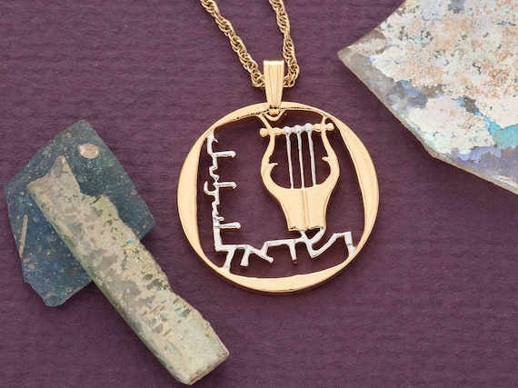King David's Lyre Coin Pendant Necklace: 14K Gold Rhodium Plated