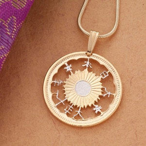 Japanese Pendant and Necklace Jewelry, Japan 50 Sen Coin Hand Cut, 14 Karat Gold and Rhodium plated, 7/8&quot; in Diameter, ( #K 903 )