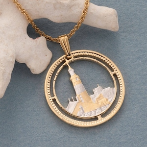 Gibraltar Lighthouse Coin Pendant: 14K Gold & Rhodium Plated Necklace