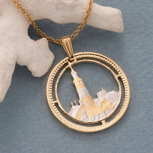 Lighthouse Pendant and Necklace Jewelry,Gibraltar Lighthouse coin hand cut plated with 14 Karat Gold & Rhodium, 1 in Diameter, R 125 image 1