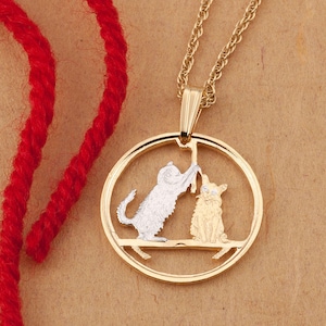 Hand Cut Isle Of Man Cat Coin Pendant: 14K Gold Plated Necklace