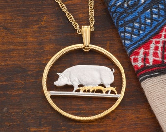 Pig Pendant, Pig Necklace, Farm Animal Jewelry, Wild Life Jewelry,  Irish Coin Jewelry, Irish Jewelry, Coin Pendant,(#R 170)