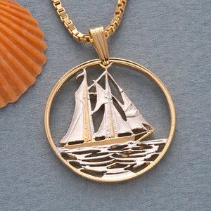 Sailboat Pendant and Necklace, Cayman Islands 25 cents Sailboat coin Hand cut, 14 Karat Gold & Rhodium plated, 7/8&quot; in Diameter, ( #X 59 )