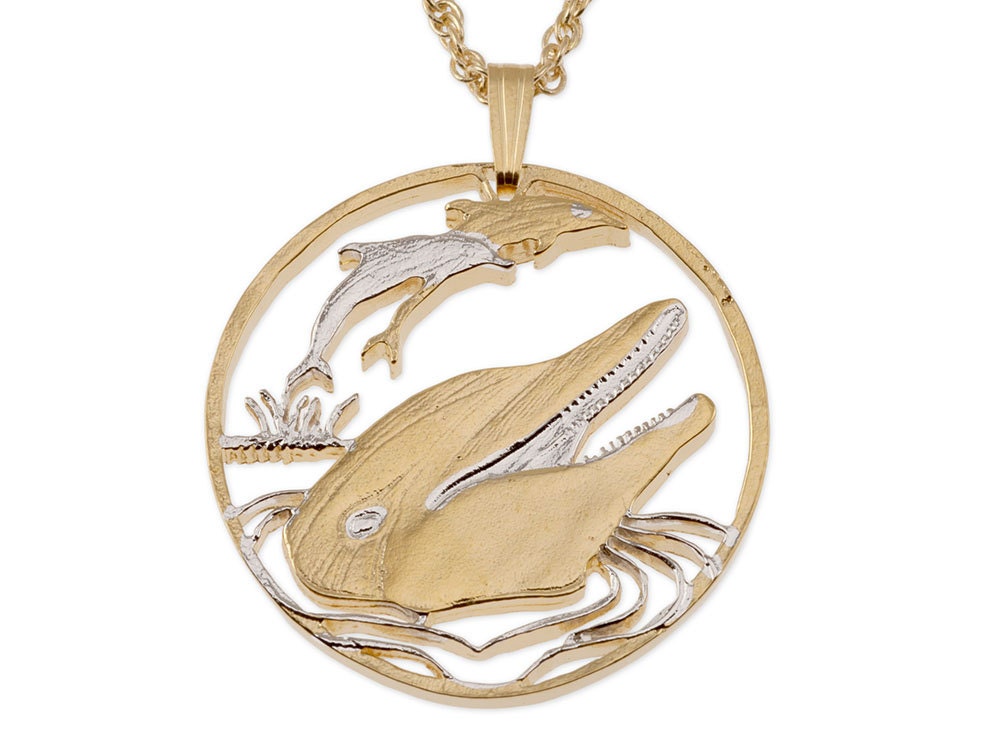Gibralter 50 Pence Hand Cut Coin Dolphin Pendant & Necklace Gibralter 50 Pence Hand Cut Coin Dolphin Pendant & Necklace