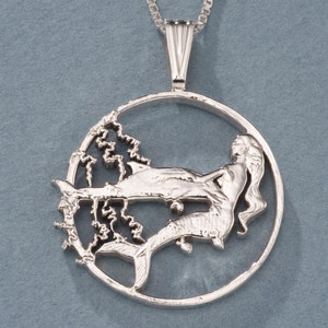 Sterling Silver Mermaid Pendant, Hand Cut Gibraltar One Crown Mermaid Coin, Sterling Silver Sea Life Jewelry, 1 1/8&quot; in Diameter (#X 638S )