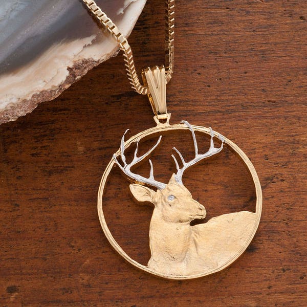 Whitetail Deer Pendant and Necklace, Whitetail Deer Wild Life Medallion Hand Cut,14 K Gold & Rhodium Plated,1 1/8" in Diameter ( #X 914 )