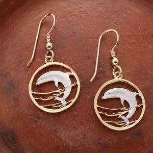 Dolphin Earrings, Russia 50 Ruble Dolphin Coin Hand Cut, 14 Karat Gold and Rhodium plated, 14 K G/F Wires, 3/4&quot; in Diameter, ( # 505Be )