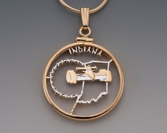 Indiana State Quarter Pendant, Hand Cut United States Indiana Quarter, 14 Karat Gold and Rhodium Plated, 1" in Diameter, ( #K 2019 )