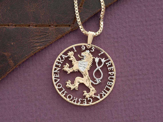 Czech Lion Coin Pendant: 14K Gold Plated Necklace