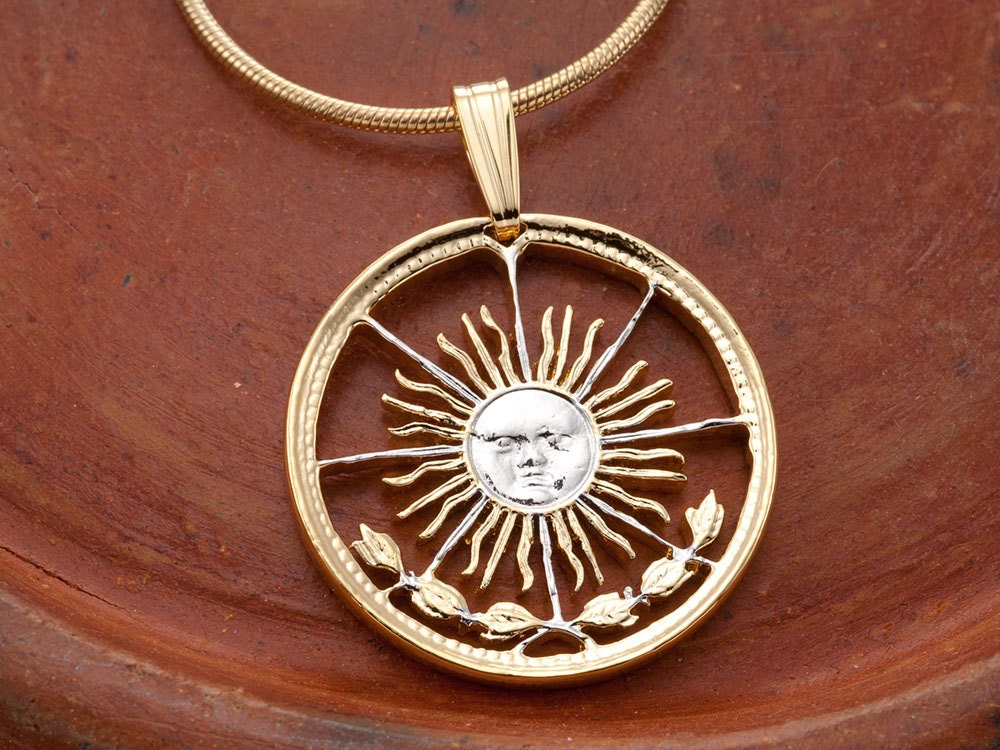 Sun Pendant and Necklace Jewelry, Argentina Coin Jewelry, Tropical Jewelry, Unique Jewelry, Sunface Necklace,  1" in Diameter, ( #K 4 )