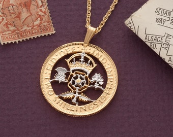 Great Britian Pendant and Necklace, British Florin Coin Hand Cut, 14 Karat Gold and Rhodium plated, 1 1/8" in Diameter, ( #R 885 )