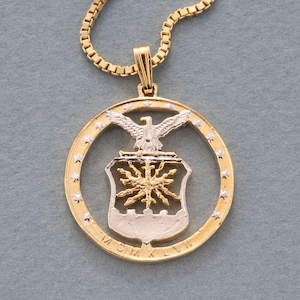 US Airforce Pendant and Necklace Jewelry, Air Force Challenge Coin hand Cut, 14 Karat Gold and Rhodium Plated, 1&quot; In Diameter, ( #X 754 )