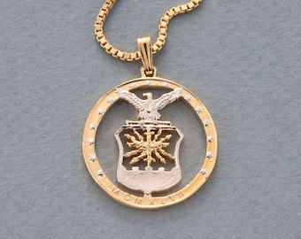 Hand Cut US Air Force Pendant Necklace: 14K Gold & Rhodium Plated