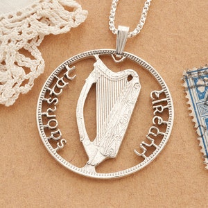 Silver Irish Harp Pendant, Hand Cut Ireland Half Crown Coin, Gaelic Irish Harp Jewelry,  Gaelic Jewelry , 1 1/4&quot; diameter, ( #X 418S )