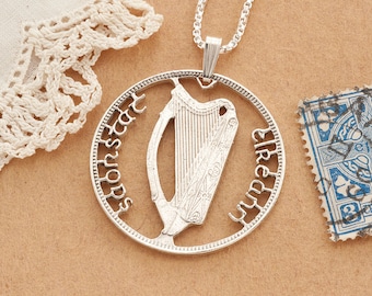 Silver Irish Harp Coin Pendant: Hand Cut Gaelic Jewelry