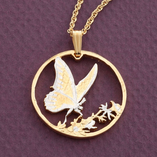 14K Gold Plated Butterfly Pendant: Hand Cut Korean Coin Jewelry