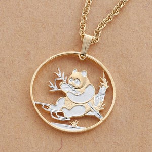 Panda Bear Pendant and Necklace, Chinese Panda Bear Coin Hand Cut, 14 Karat Gold and Rhodium Plated, 1&quot; in Diameter ( #R 69 )