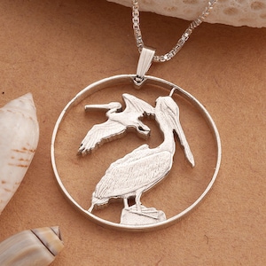 Sterling Silver Pelican Pendant, Silver Pelican Necklace, Pelican Jewelry, British Virgin Islands Coin Jewelry, 1 1/4&quot; diameter, ( #X 47S )