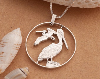 Sterling Silver Pelican Pendant, Silver Pelican Necklace, Pelican Jewelry, British Virgin Islands Coin Jewelry, 1 1/4&quot; diameter, ( #X 47S )
