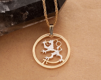 Finland Lion Pendant and Necklace Jewelry, Finland Coin Hand Cut, 14 Karat Gold and Rhodium plated, 7/8" in Diameter, ( # R 101 )