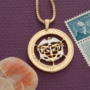 Colombian Pendant and Necklace, Hand Cut Colombian 50 Centavos Coin, Colombian Jewelry, 1 1/8&quot; in Diameter, ( #X 869 )