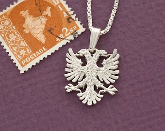 Sterling Silver Albanian Eagle Pendant, Albania hand cut coin, 3/4" ( # 929BS )