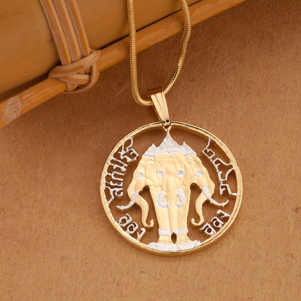 Thailand Elephant Pendant and Necklace, Thailand Elephant Coin Hand Cut, 14 Karat Gold and Rhodium Plated, 7/8" in Diameter, ( #K 897 )