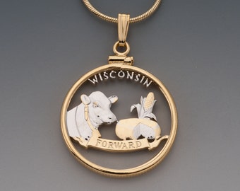 Wisconsin State Quarter Pendant, Hand Cut United States Wisconsin Quarter, 14 Karat Gold and Rhodium Plated, 1" in Diameter, ( #K 2030 )