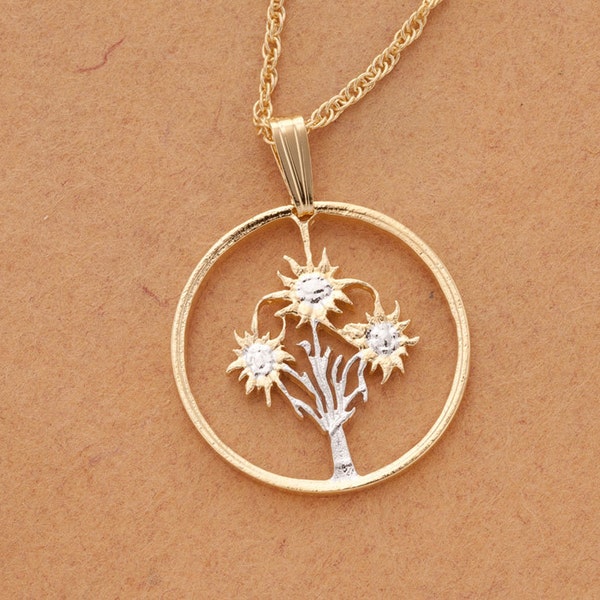 Edelweiss Flower Pendant and Necklace, Austrian Coin Hand Cut, Austria Coin Jewelry, Flower Jewelry, Floral Gifts  ( #R 11 )