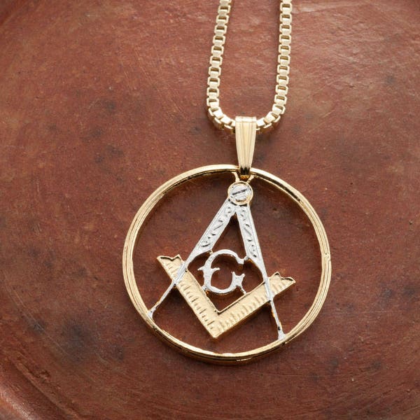 Masonic Emblem Pendant and Necklace, Masonic Medallion Hand Cut, 14 Karat Gold and Rhodium Plated, 1" in Diameter, ( #X 886 )