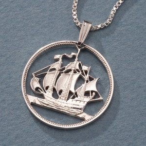 Sterling Silver Sailboat Pendant, Hand Cut Great Britain Half Penny Coin, Sterling Silver Nautical Jewelry,Nautical Jewelry, ( #X 134S )
