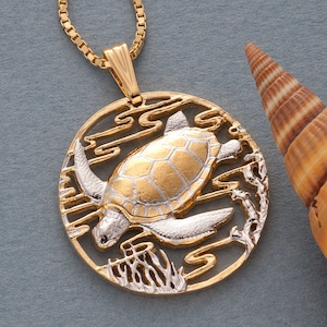 Hand Cut Sea Turtle Pendant: 14K Gold & Rhodium Medallion  (X 587)