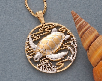 Hand Cut Sea Turtle Pendant: 14K Gold & Rhodium Medallion  (X 587)