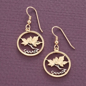 Kanadische Ahornblatt Ohrringe, Kanada Ein-Cent-Münze handgeschnitten, 14 Karat vergoldet und rhodiniert, 14K G / F Brisuren, 3/4 "Zoll Durchmesser, ( # 762E )