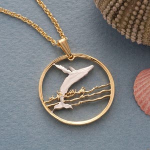 Hand Cut Humpback Whale Coin Pendant: 14K Gold & Rhodium Plated