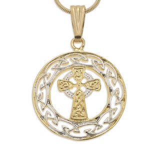 Celtic Cross Pendant and Necklace, Celtic Cross Medallion Hand Cut, 14 Karat Gold and Rhodium Plated, 1&quot; in Diameter, ( #K 906 )