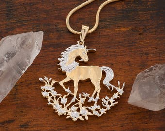 Unicorn Pendant and Necklace, Chinese Unicorn Coin Hand Cut, 14 Karat Gold and Rhodium Plated, 1 1/8&quot; in Diameter, ( #K 462 )