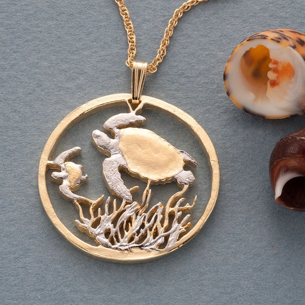Costa Rican Turtle Coin Pendant: 14K Gold & Rhodium Plated Necklace
