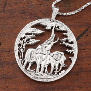Sterling Silver Elephant Pendant: Zambia Coin, African Wildlife Jewelry