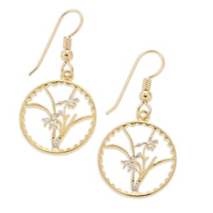Orchid ( Flower ) Earrings, Taiwan Orchid Coin Hand Cut, 14 Karat Gold and Rhodium plated, 3/4&quot; in Diameter, ( # 73E )